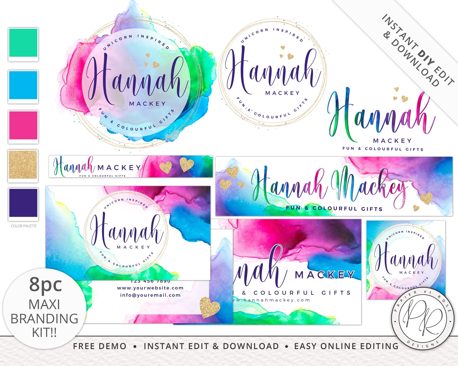 Editable 8pc Maxi Branding Kit Bright Rainbow Watercolor Instant Download Logo Design | DIY Template | Premade logo | Brand Kit HM-001