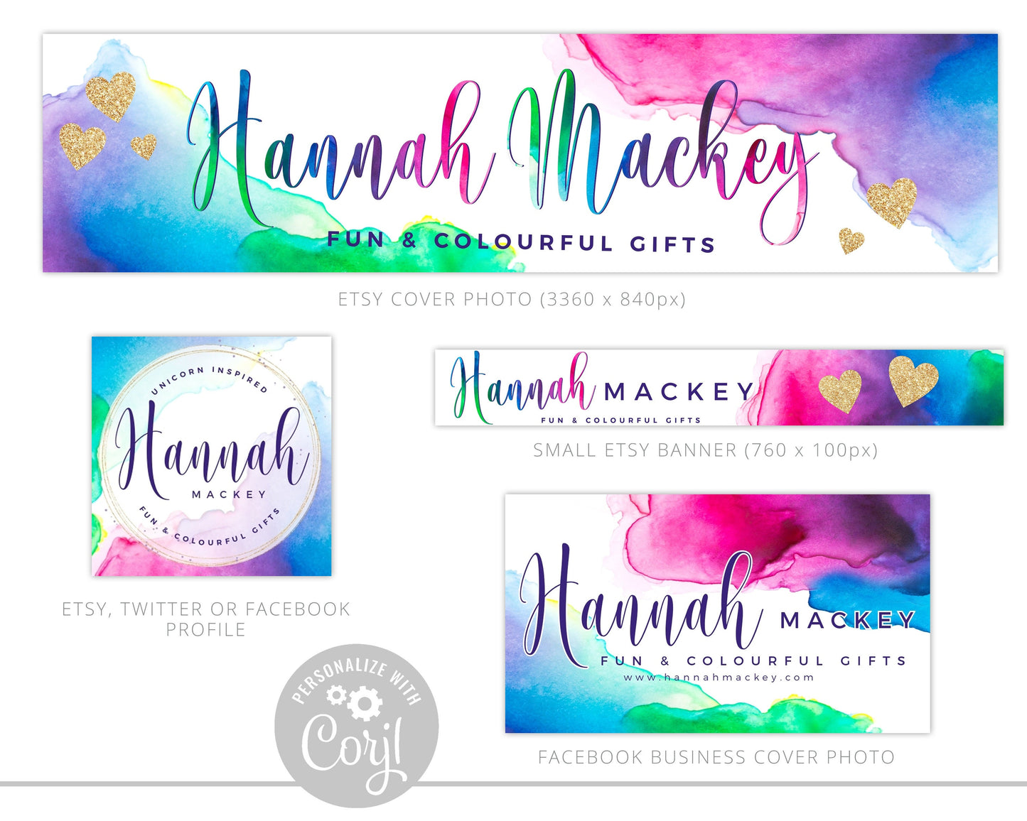 Editable 8pc Maxi Branding Kit Bright Rainbow Watercolor Instant Download Logo Design | DIY Template | Premade logo | Brand Kit HM-001