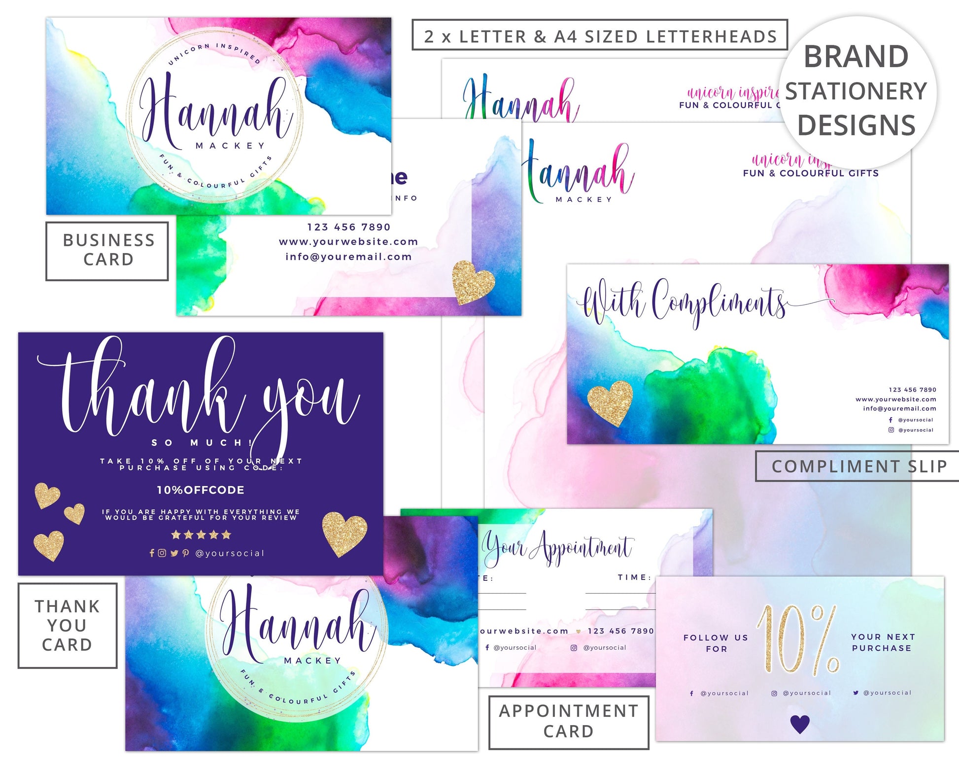Editable 14pc Full Branding Plus Brand Board Rainbow Watercolor Logo Kit | DIY Instant Template  | Premade Business Startup logo HM-001