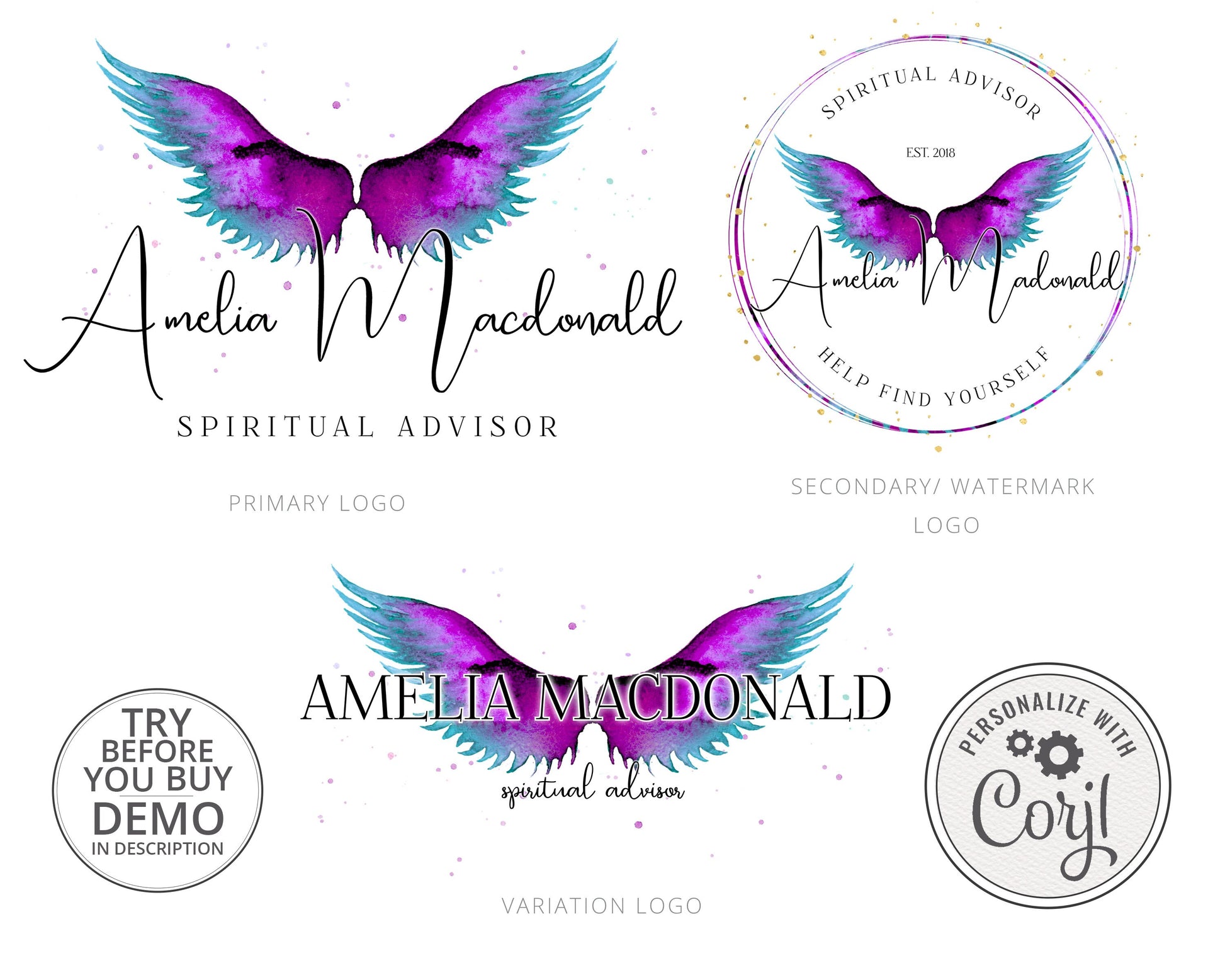 Editable 3 x Logo Suite Spiritual Angel Wings Watercolor Elegant Logos Branding | Instant DIY Online Edit logo | Editable Template - PR0442