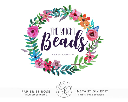 Editable Bright Logo Template | Instant Watercolor Watermark Floral Wreath Logo Download DIY Logo Premade Template - PR0443