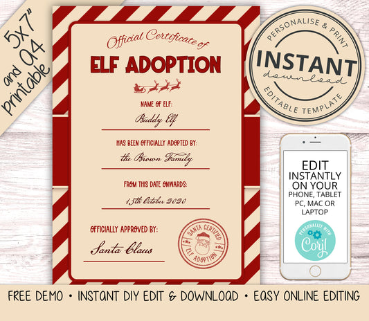 PRINTABLE Elf Adoption Certificate EDITABLE Instant Download DIY Editing Printable Elf Prop Ideas Elf Activity Elf Kit - PR0422