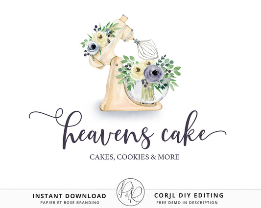 Editable Bakery Logo Template | Instant Watercolor Watermark Cake Decorator Mixer Logo Download DIY Logo Premade Template - PR0441