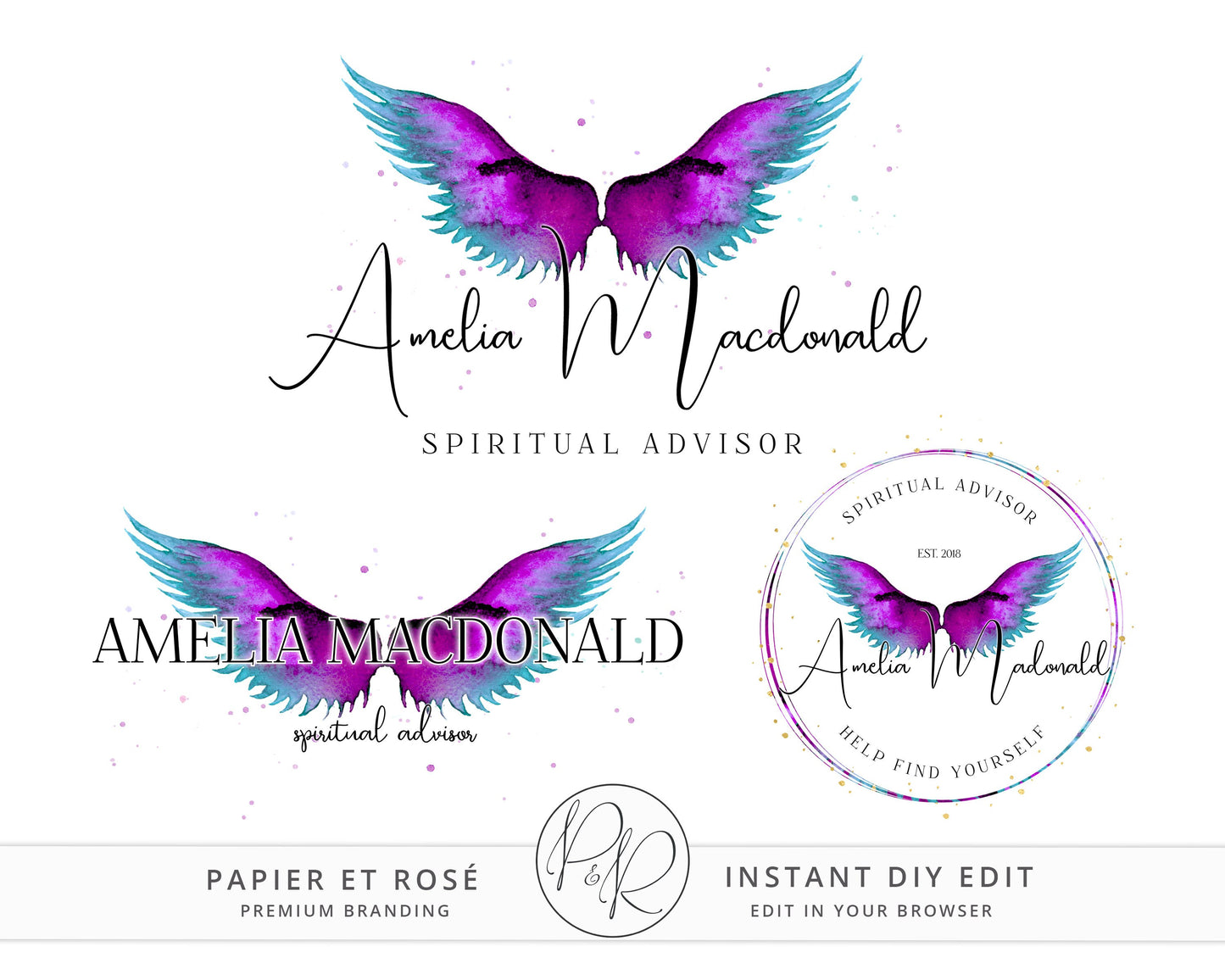 Editable 3 x Logo Suite Spiritual Angel Wings Watercolor Elegant Logos Branding | Instant DIY Online Edit logo | Editable Template - PR0442