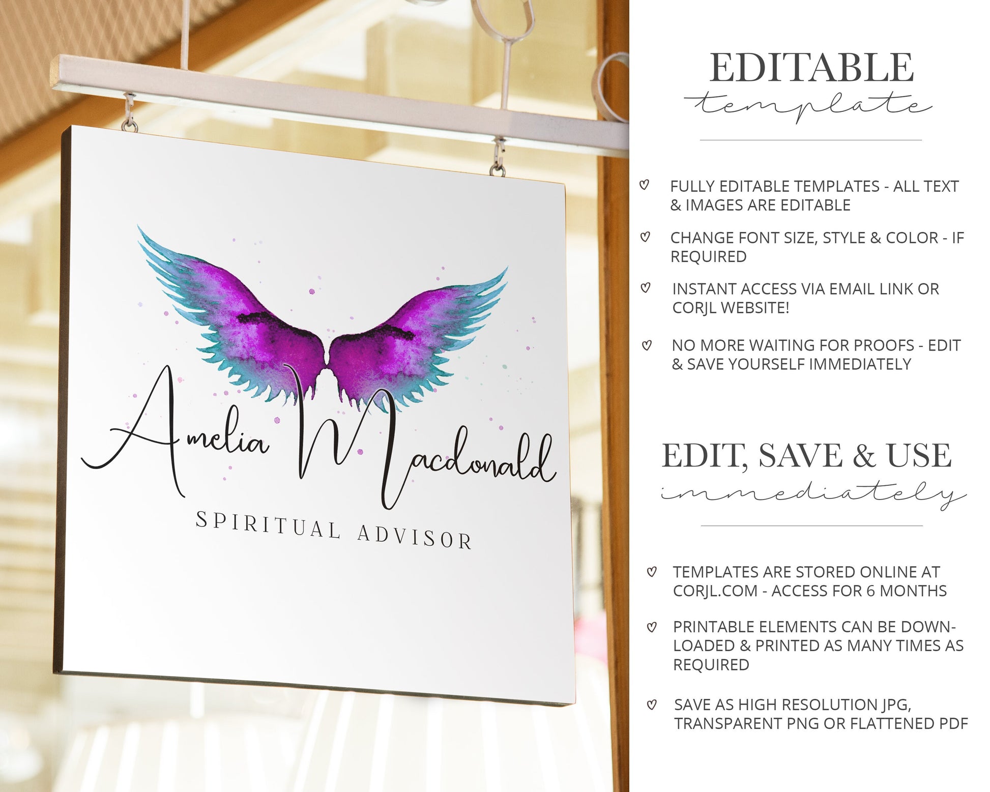 Editable 3 x Logo Suite Spiritual Angel Wings Watercolor Elegant Logos Branding | Instant DIY Online Edit logo | Editable Template - PR0442