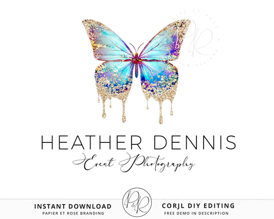 DIY Editable Butterfly Logo Spiritual Sparkling Gold Design Instant Download | DIY Logo Template |  Premade Logo HD-001