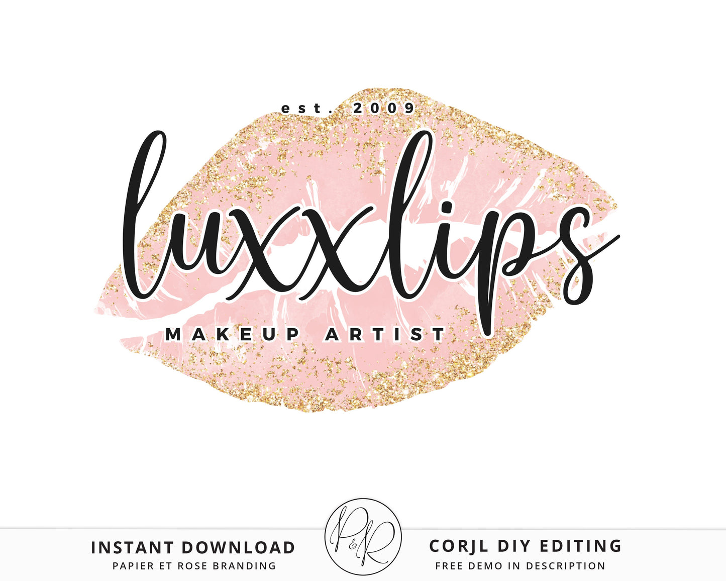 DIY Editable Lips Logo Makeup Artist Sparkle Pink & Gold Watercolor Design Instant Download | DIY Logo Template |  Premade Logo - PR0435