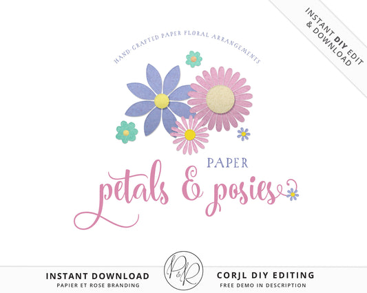 Editable Floral Business Logo Paper Pastel Flowers Watermark DIY Logo Design Instant Download | Diy Logo Template |  Premade Logo - PR0425