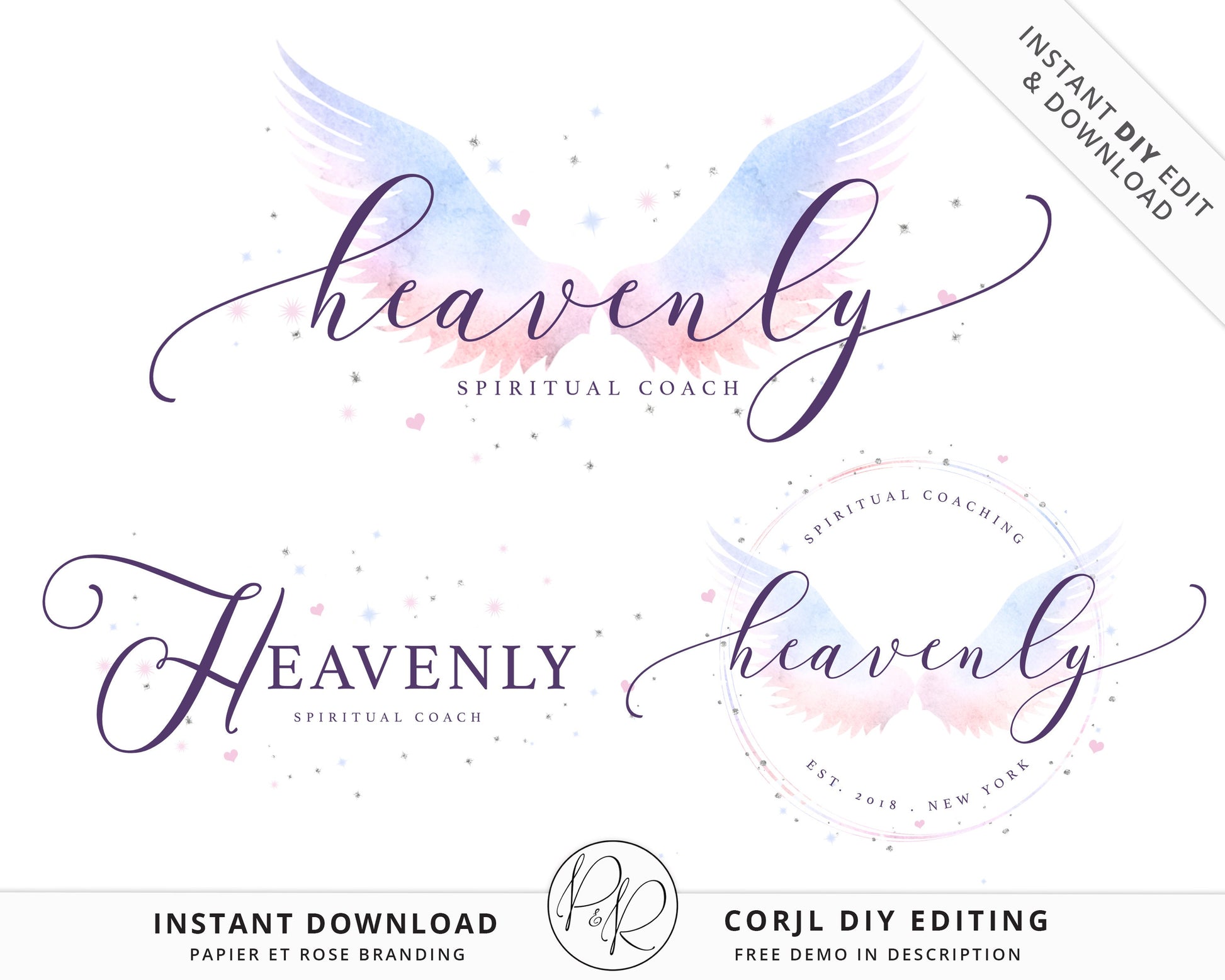 Editable Logo Suite 3 x Spiritual Angel Wings Watercolor Elegant Logos Branding | Instant DIY Online Edit logo | Editable Template - PR0470