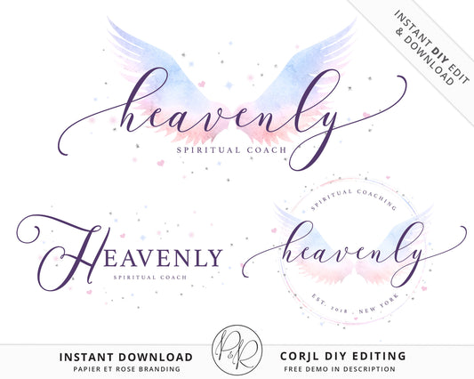 Editable Logo Suite 3 x Spiritual Angel Wings Watercolor Elegant Logos Branding | Instant DIY Online Edit logo | Editable Template - PR0470