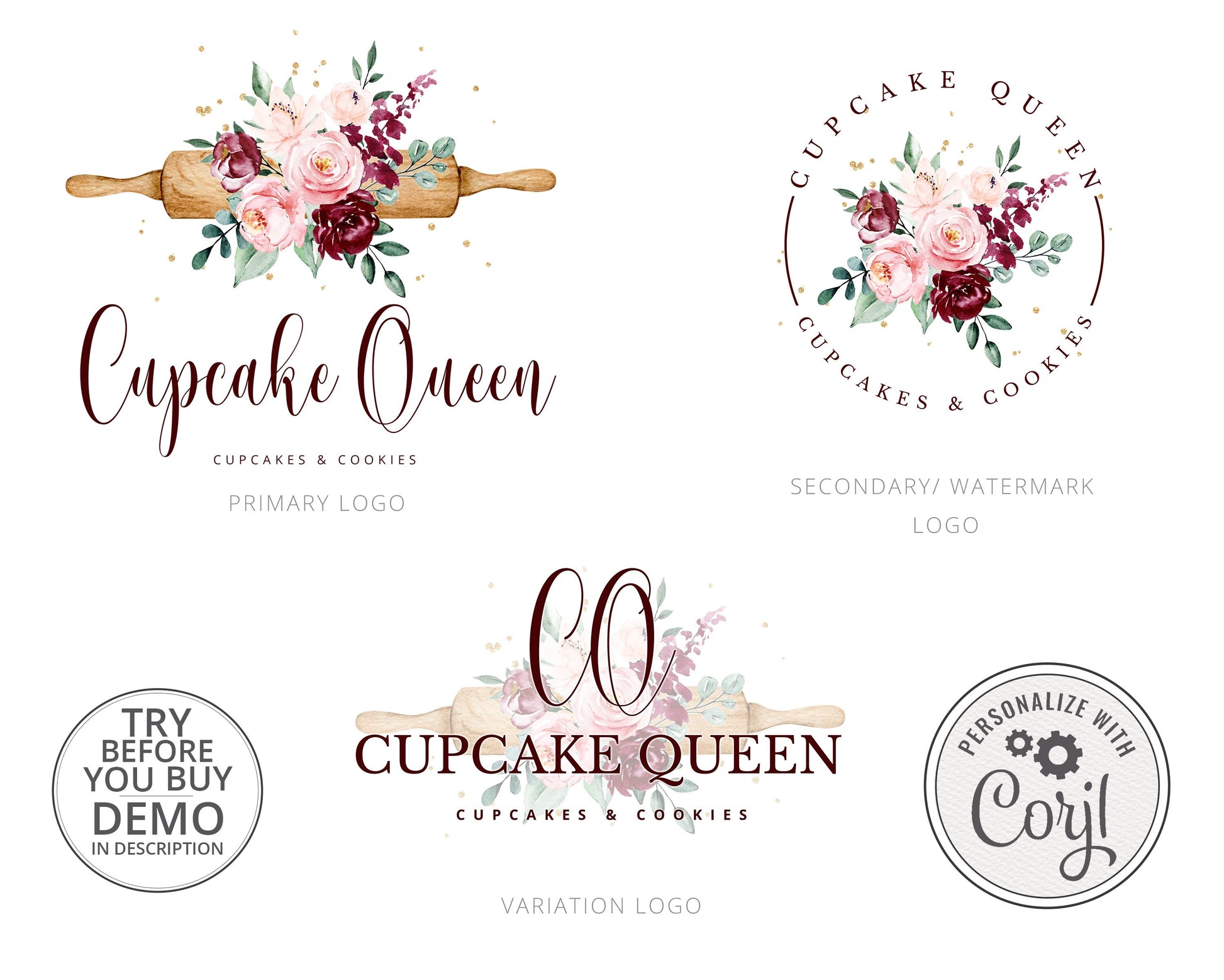 DIY Premade 3 x Logo Suite Farmhouse Cake Decorator Watercolor Branding Kit Package | Instant Edit DIY logo Editable Template CQ-001