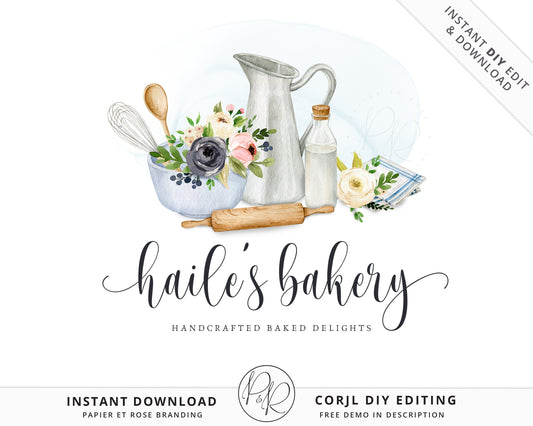 DIY Editable Bakery Logo Template | Instant Watercolor Watermark Farmhouse Kitchen Style Logo Download DIY Logo Premade Template - PR0481