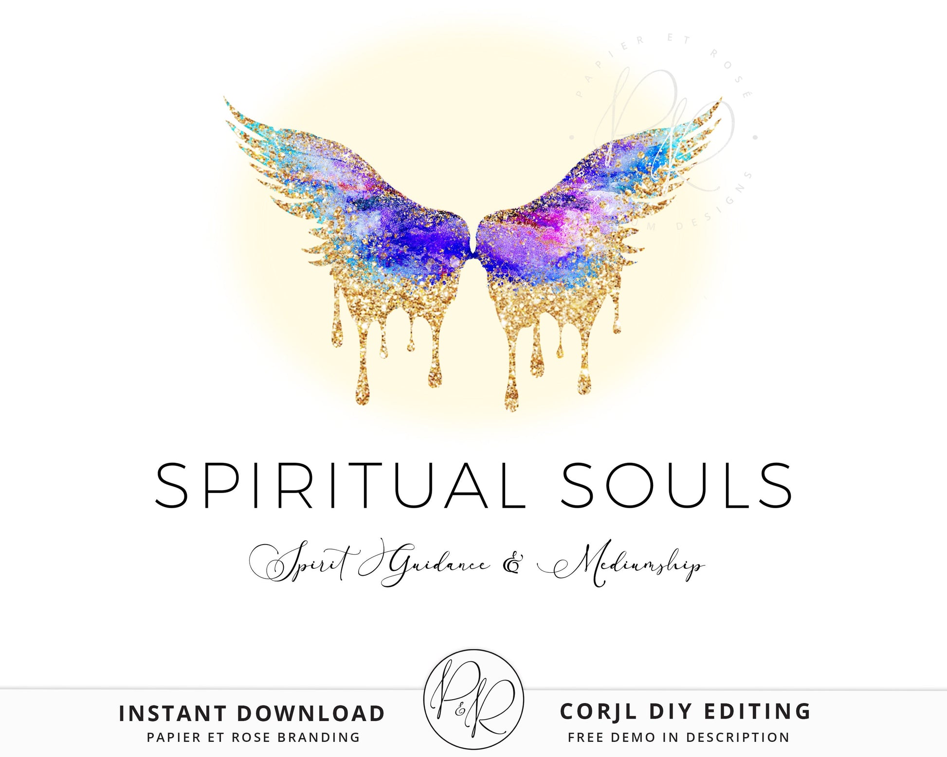 Editable Spiritual Logo Angel Wings Sparkling Gold Design Instant Download | DIY Logo Template |  Premade Logo - PR0482