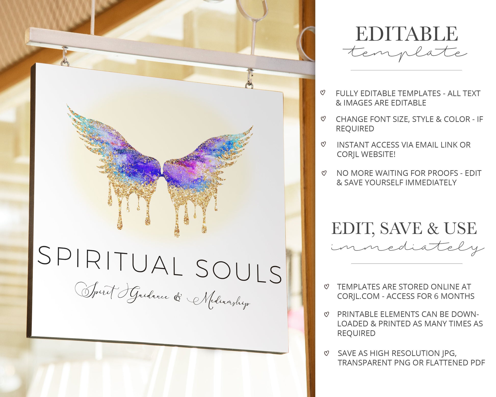 Editable Spiritual Logo Angel Wings Sparkling Gold Design Instant Download | DIY Logo Template |  Premade Logo - PR0482
