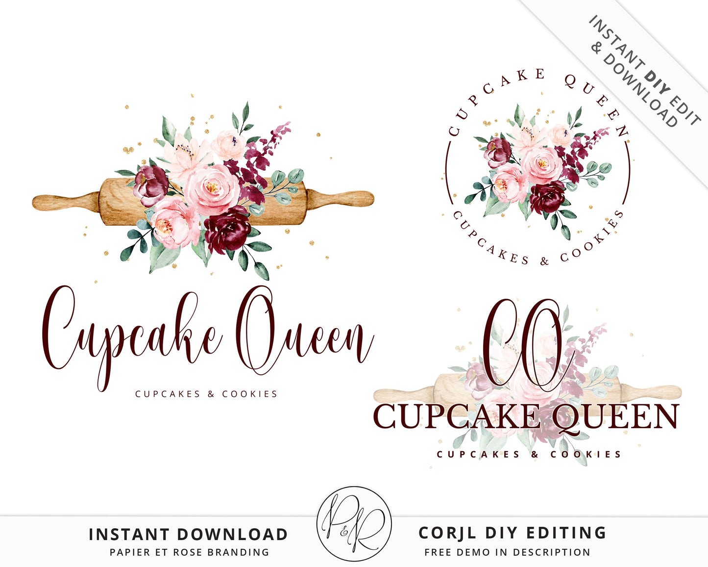 DIY Premade 3 x Logo Suite Farmhouse Cake Decorator Watercolor Branding Kit Package | Instant Edit DIY logo Editable Template CQ-001