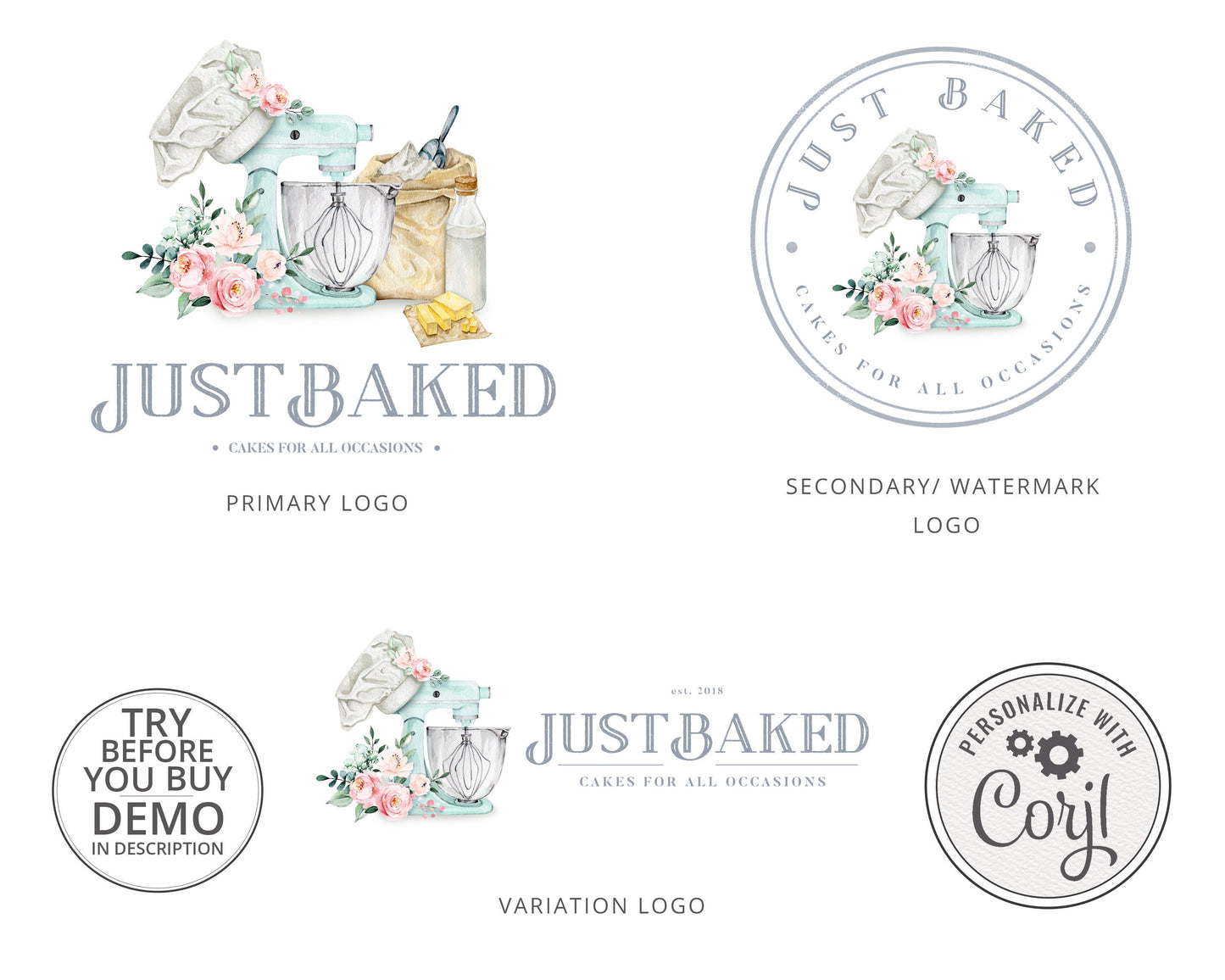 DIY Premade 3 x Logo Suite Farmhouse Cake Decorator Watercolor Branding Kit Package | Instant Edit DIY logo Editable Template JB-001