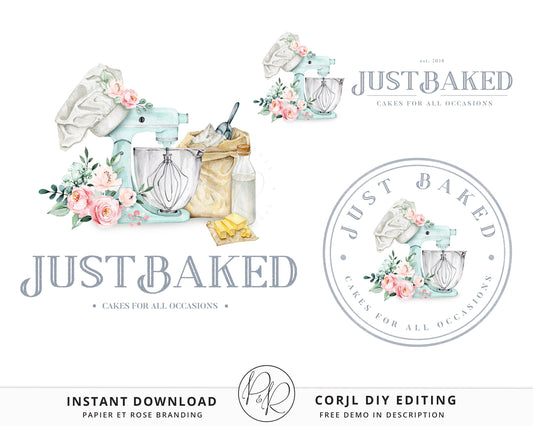 DIY Premade 3 x Logo Suite Farmhouse Cake Decorator Watercolor Branding Kit Package | Instant Edit DIY logo Editable Template JB-001