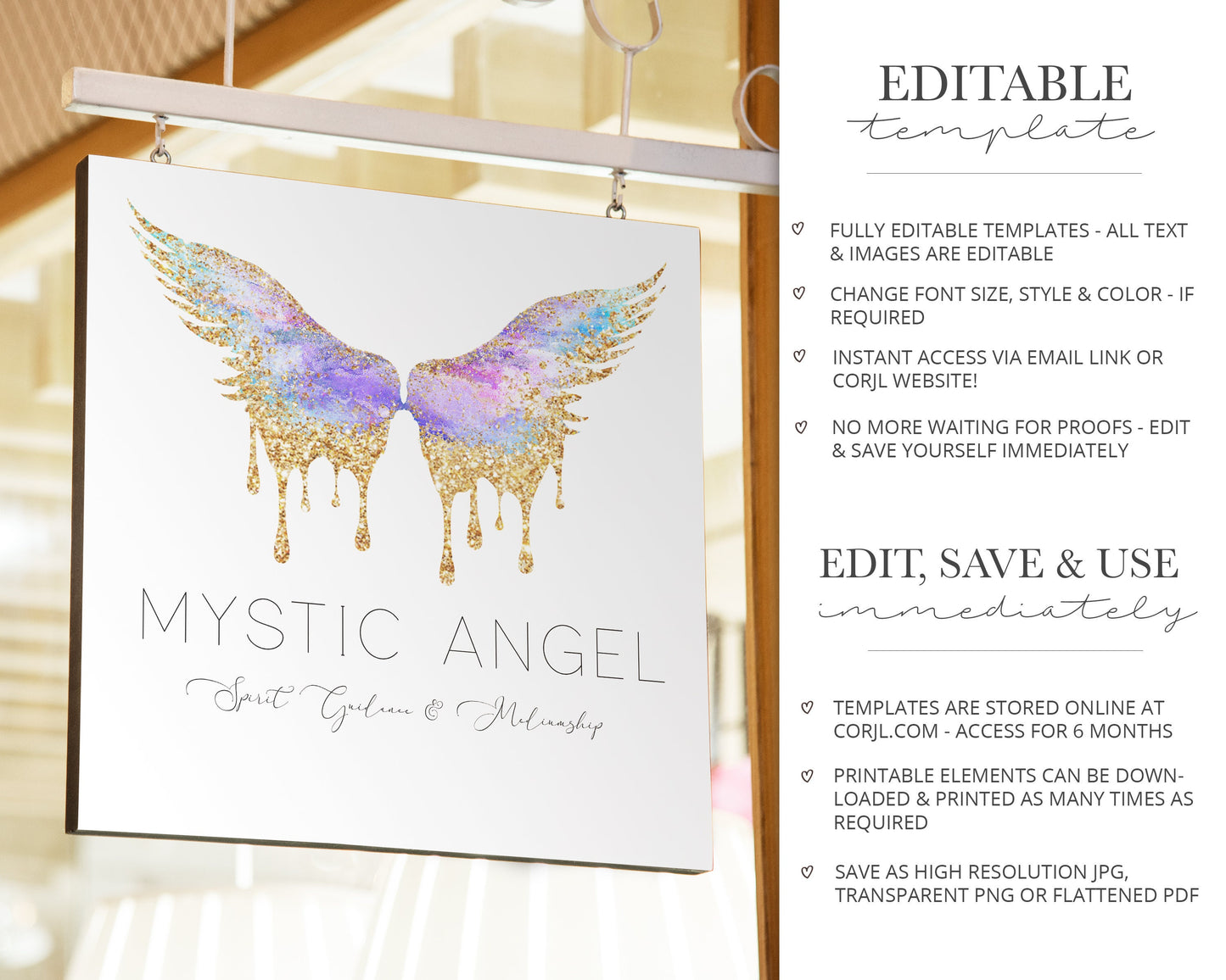 EDITABLE Spiritual Logo Pastel Angel Wings Sparkling Gold Design INSTANT Download | DIY Logo Template |  Premade Logo - PR0483