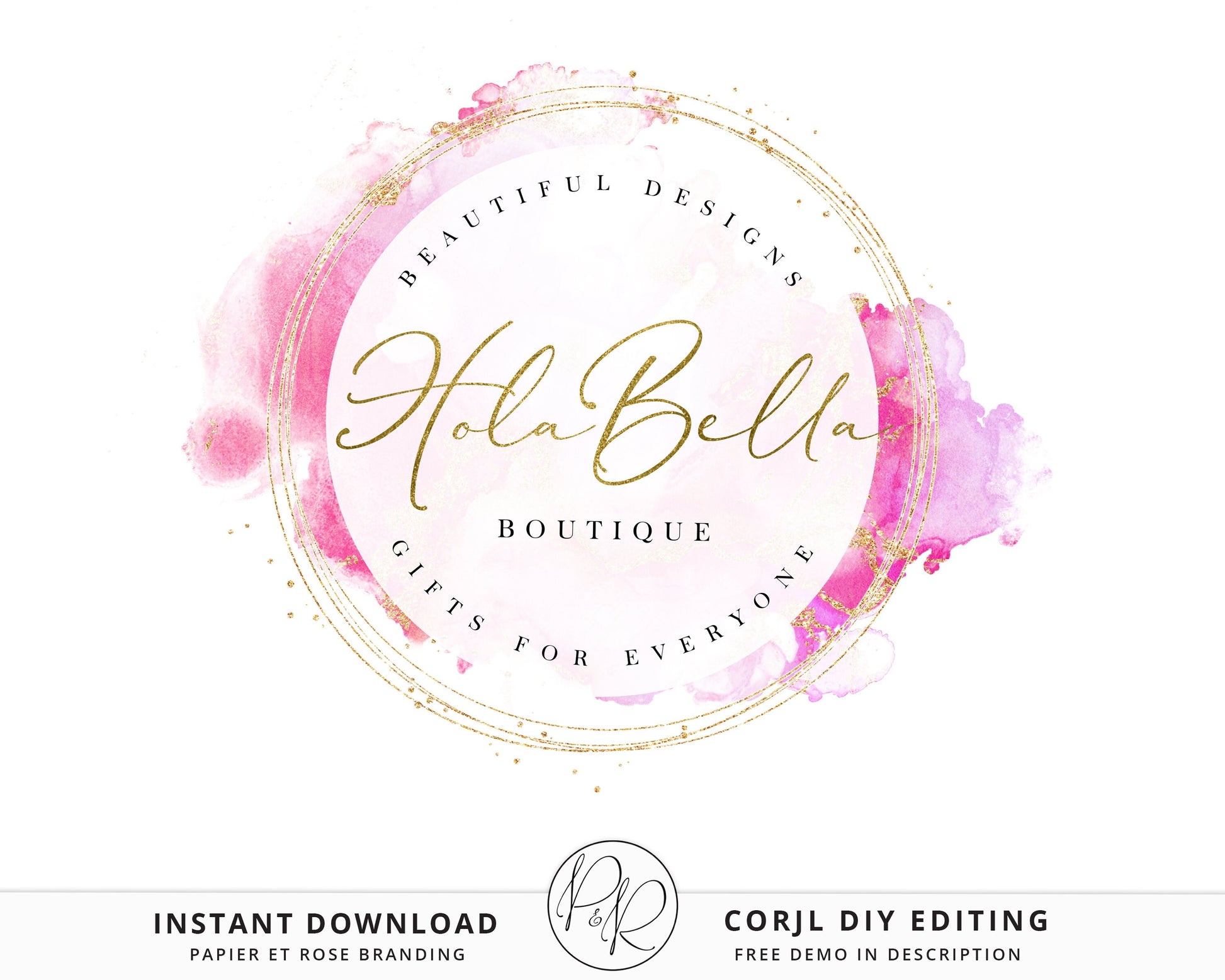 DIY Pink Logo Template Marble Watercolor & Gold Glitter Logo, Beauty Logo, Instant Editable Logo, DIY Logo Template, Premade Logo HB-001