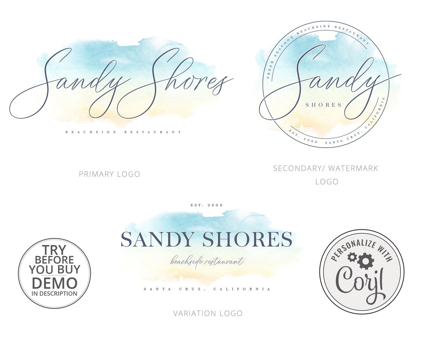 Premade 3 x Logo Suite Beachy Watercolor Splash Modern Logos Branding | Instant Edit Yourself Online | DIY logo | Editable Template SS-002