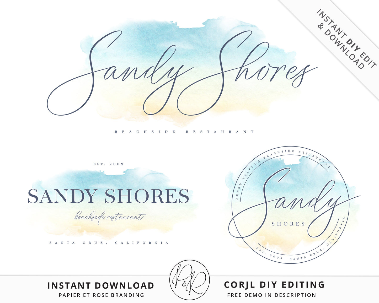 Premade 3 x Logo Suite Beachy Watercolor Splash Modern Logos Branding | Instant Edit Yourself Online | DIY logo | Editable Template SS-002