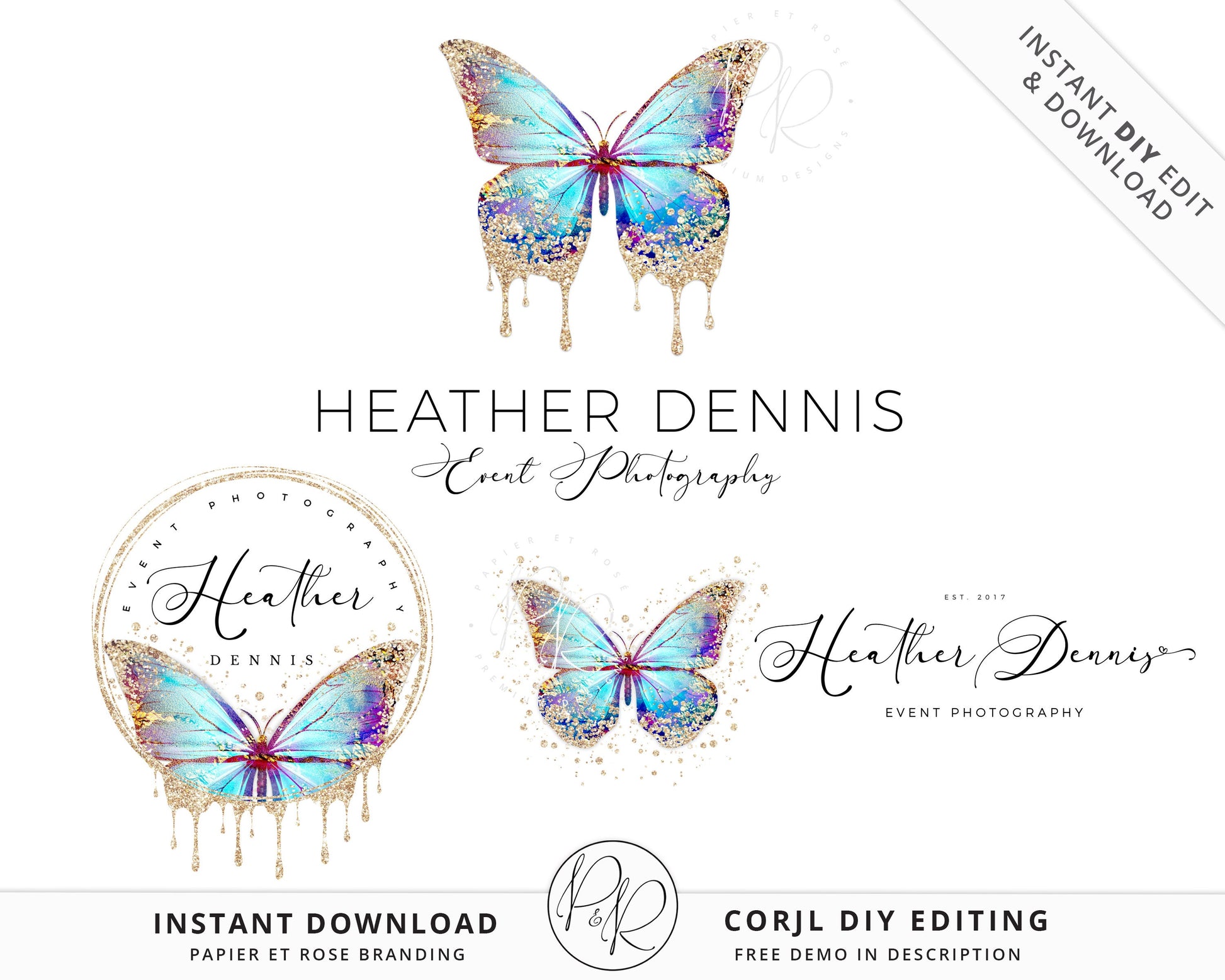 DIY Premade 3 x Logo Suite Ethereal Butterfly Gold Glitter Sparkle Branding Kit Package | Instant Edit DIY logo Editable Template HD-001