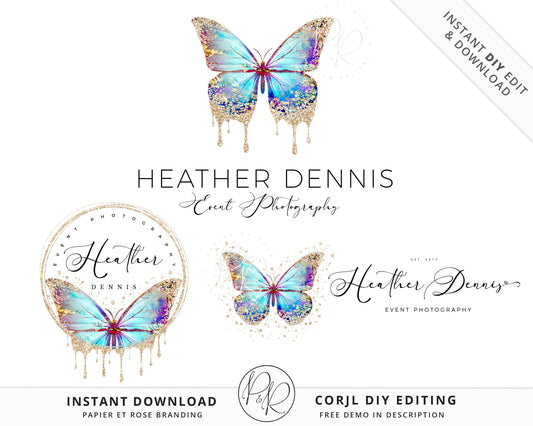 DIY Premade 3 x Logo Suite Ethereal Butterfly Gold Glitter Sparkle Branding Kit Package | Instant Edit DIY logo Editable Template HD-001