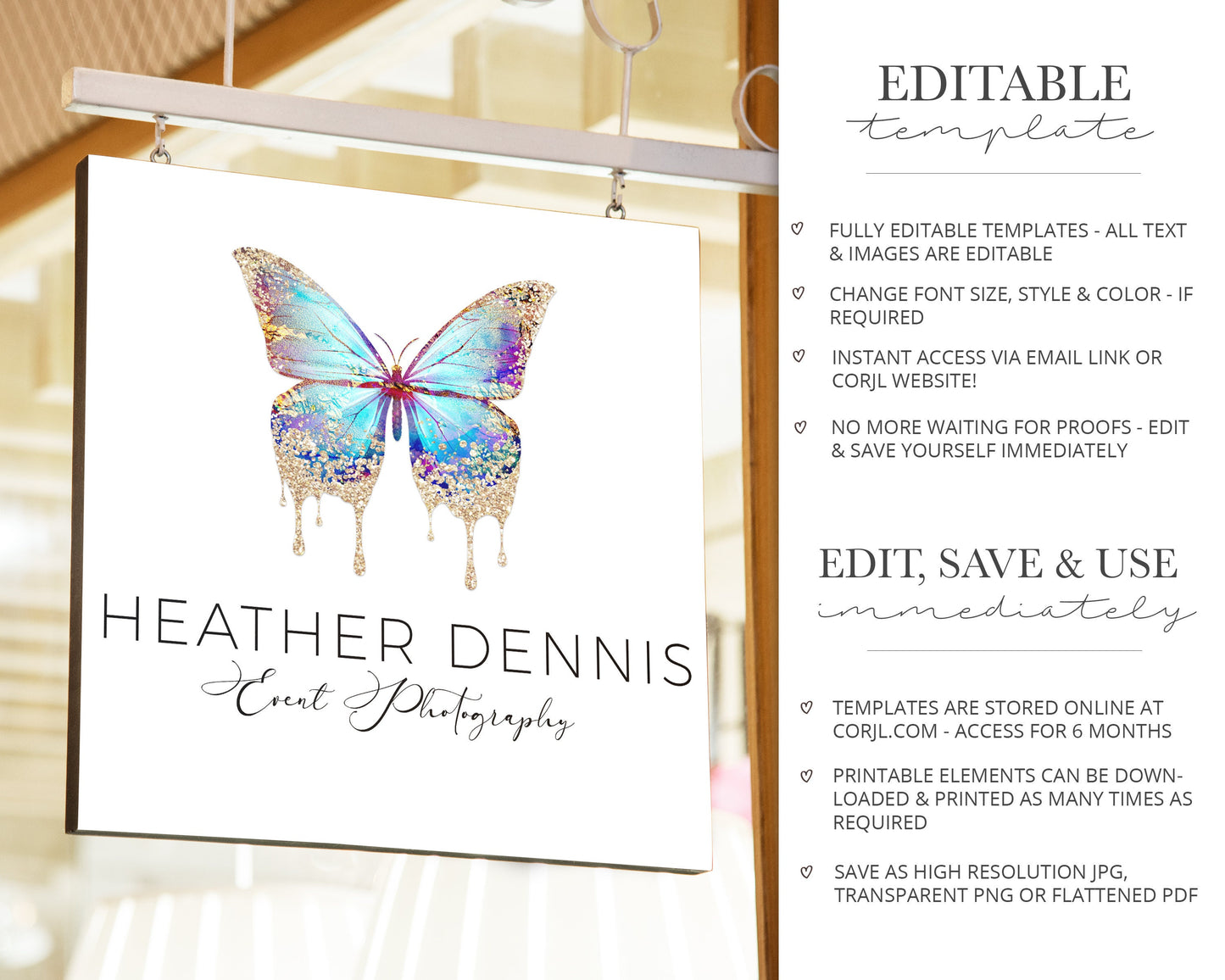 DIY Premade 3 x Logo Suite Ethereal Butterfly Gold Glitter Sparkle Branding Kit Package | Instant Edit DIY logo Editable Template HD-001