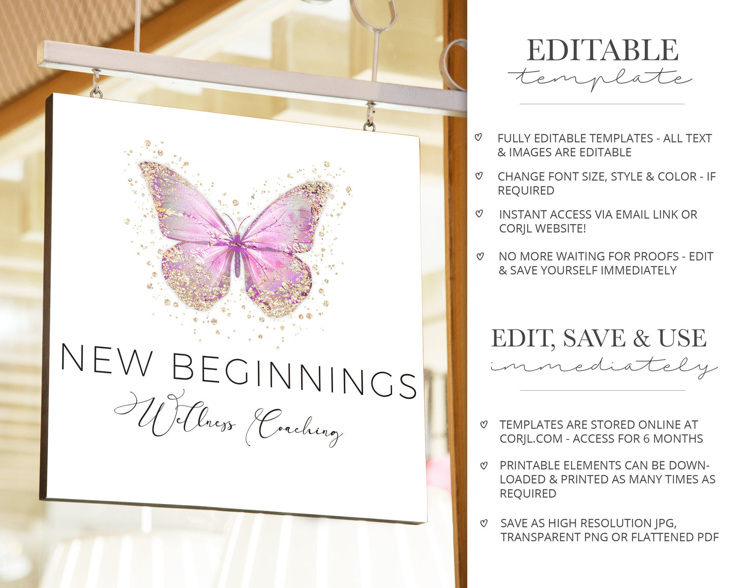 DIY Editable Butterfly Logo Spiritual Pink & Sparkling Gold Design Instant Download | DIY Logo Template |  Premade Logo - PR0509