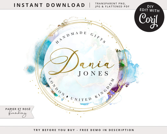 DIY Editable Circular Marble Watercolor & Gold Foil Round Logo Design Instant Download | DIY Logo Template |  Premade Logo DJ-001