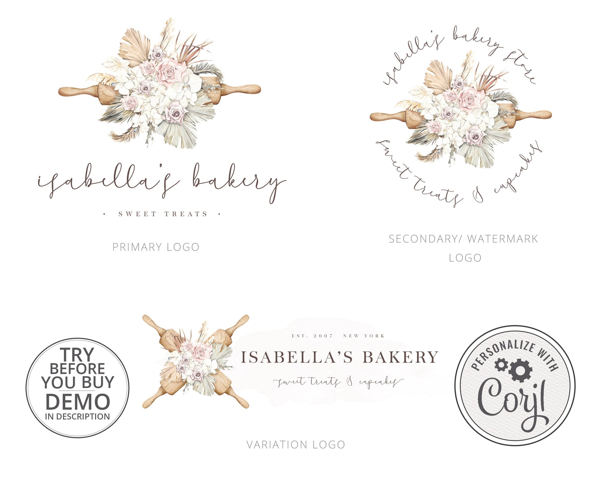 Editable Premade Logo Suite 3x Boho Florals Bakery Logo Kit Branding Kit Package | Instant Edit DIY Cake Maker Boho Editable Template IB-001