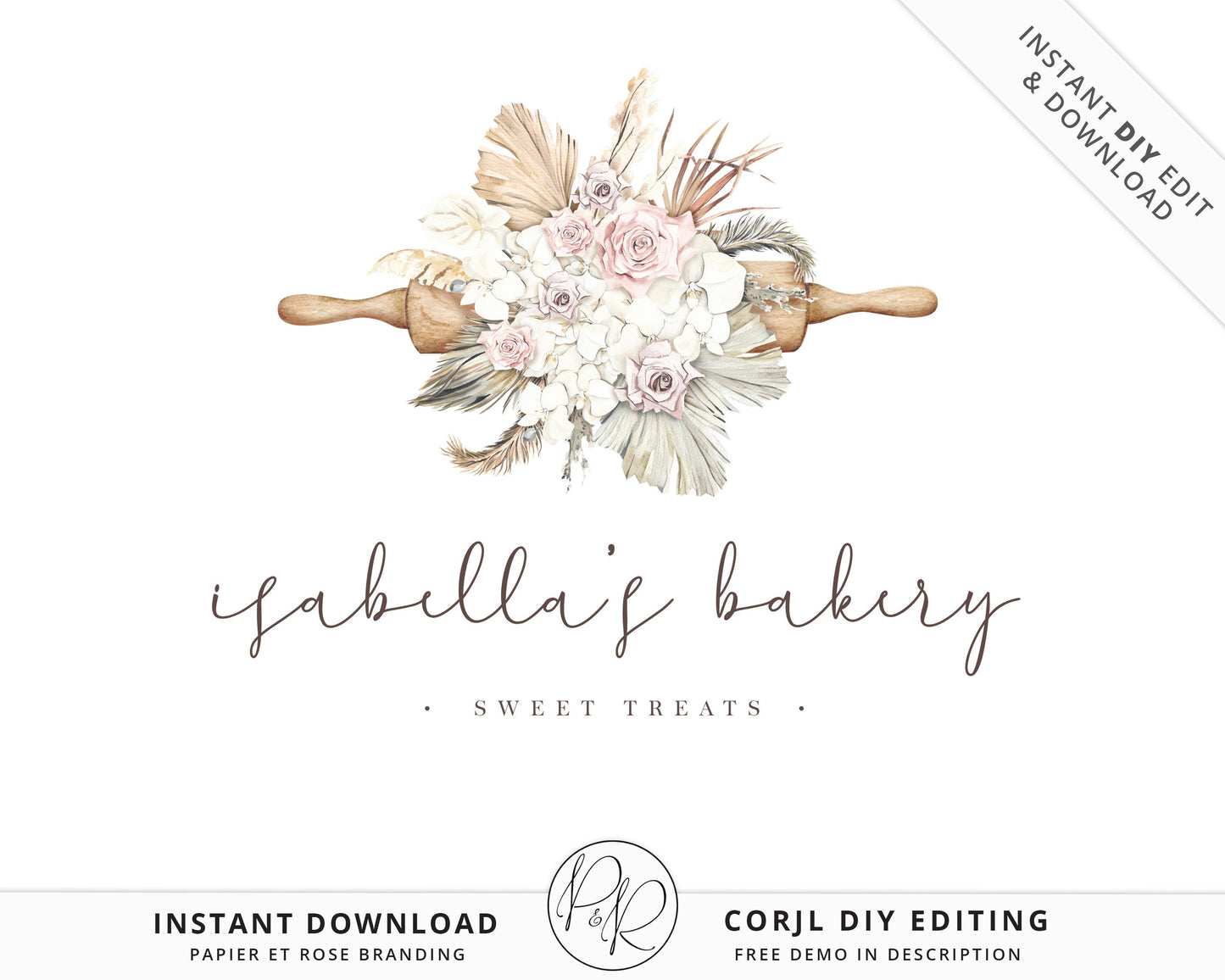 DIY Editable Bakery Logo Cake Maker With Boho Florals Watercolor Logo Design Instant Download | DIY Logo Template |  Premade Logo - PR0515