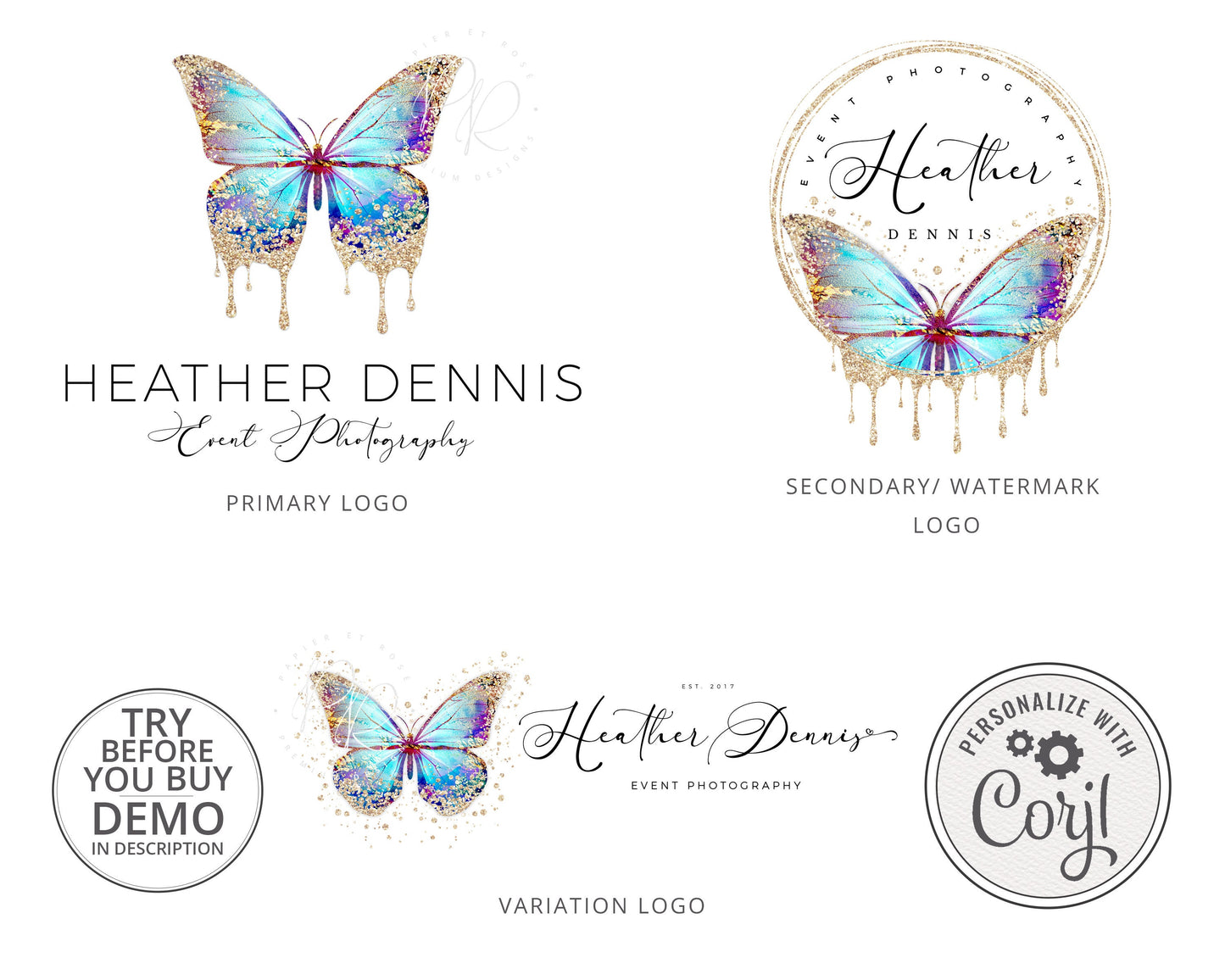 DIY Premade 3 x Logo Suite Ethereal Butterfly Gold Glitter Sparkle Branding Kit Package | Instant Edit DIY logo Editable Template HD-001