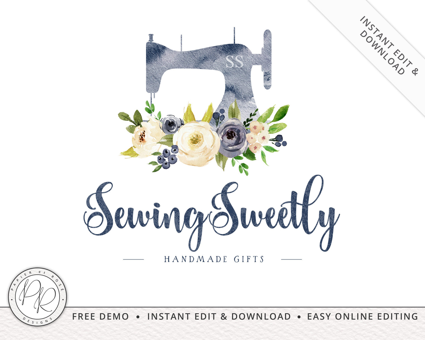 Editable Watercolor Floral & Sewing Machine Gifts DIY Logo Design Instant Download | DIY Editable Template |  Pre Made Logo - PR0165