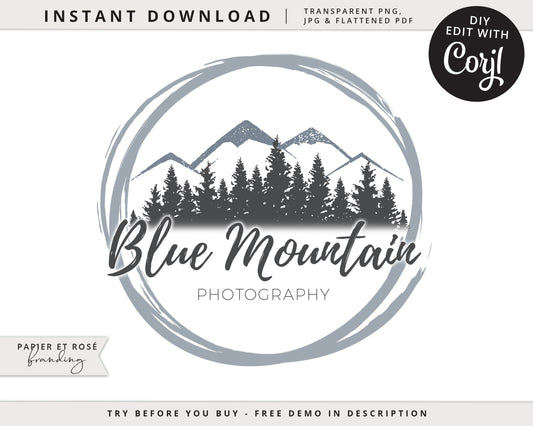 Editable Mountain Round Stamp Modern Logo Design Instant Download | DIY Editable Template |  Premade Logo | Rustic Logo BM-001