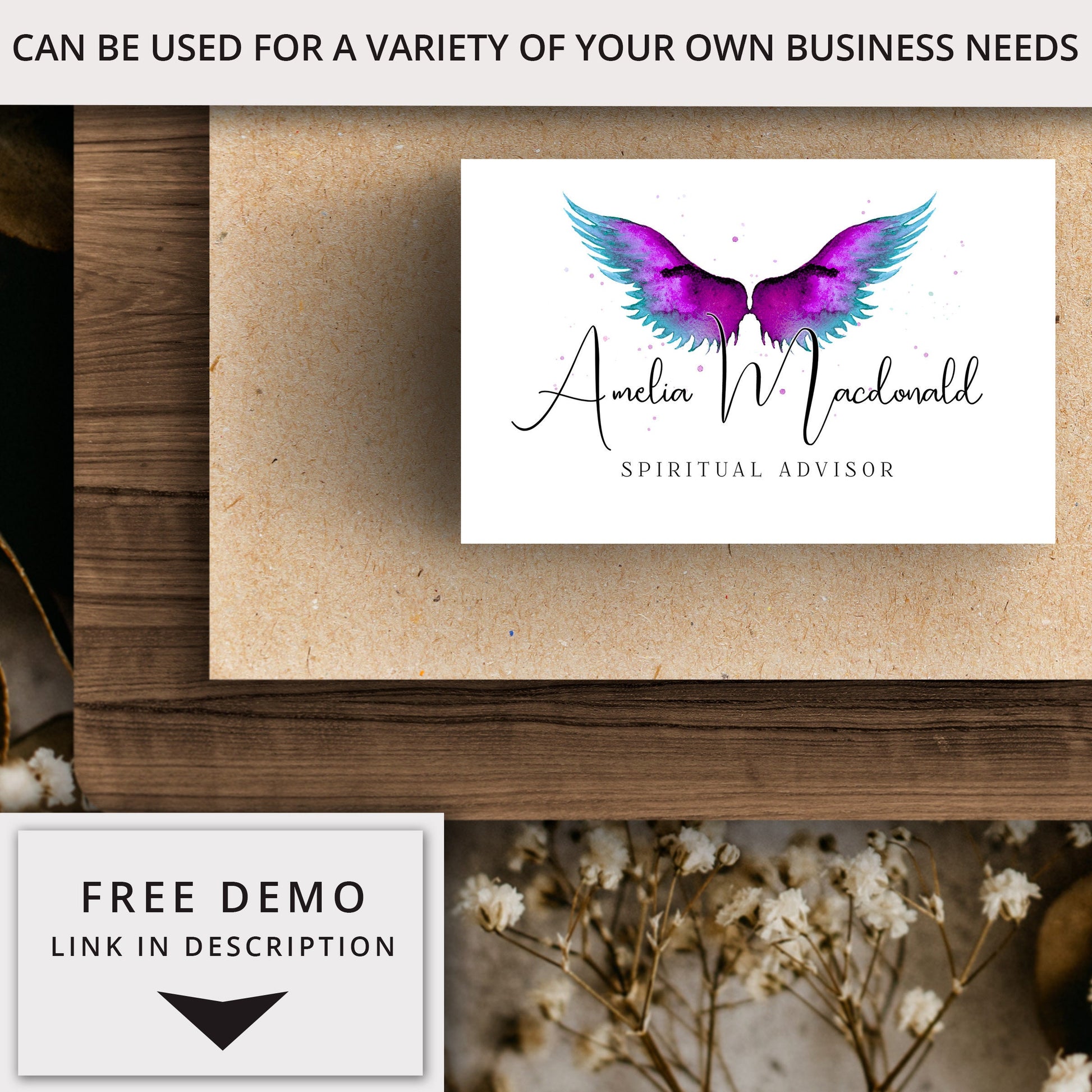 Editable Watercolor Angel Wings Spiritual Business Logo Design Instant Download | DIY Editable Logo Template |  Premade Logo AM-001