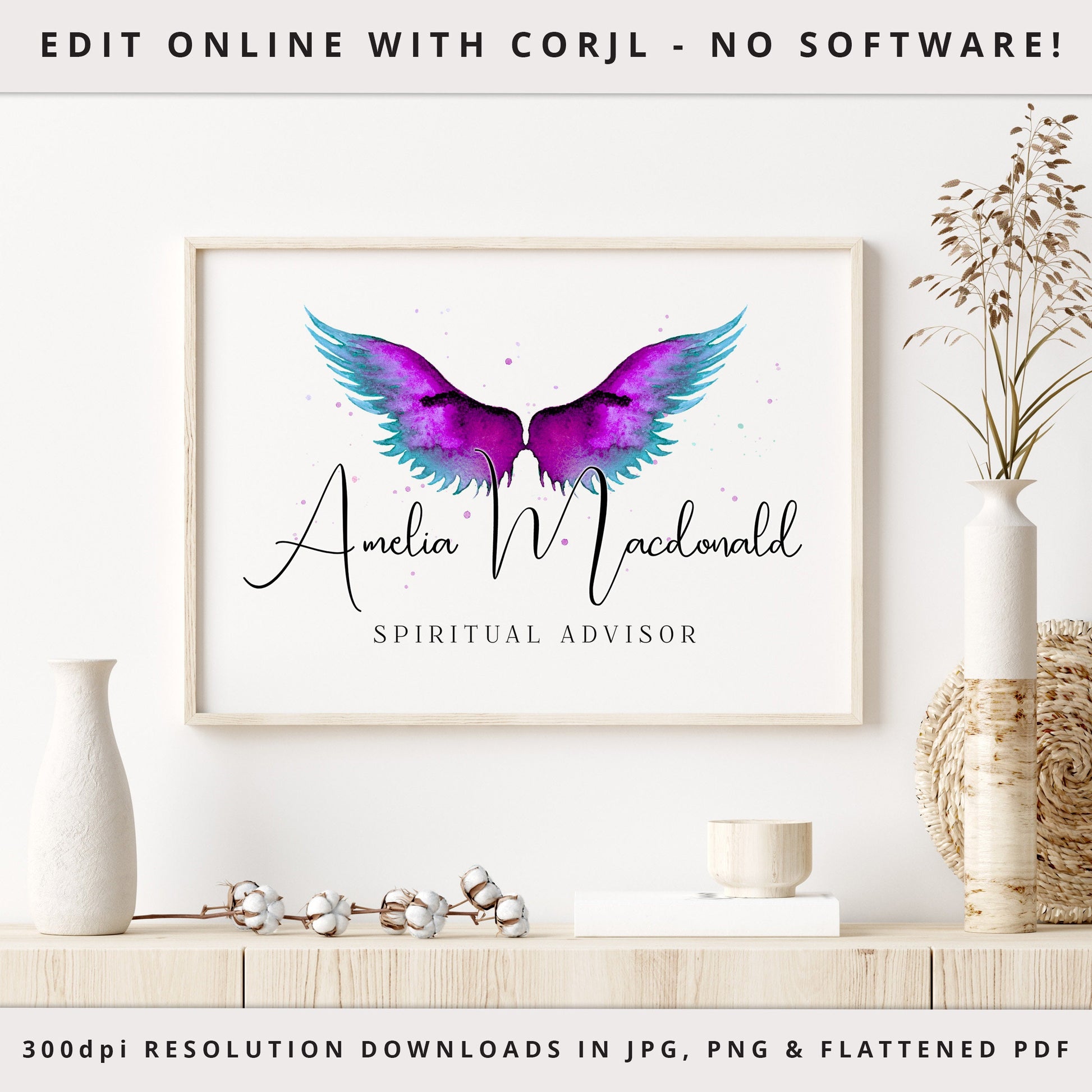 Editable Watercolor Angel Wings Spiritual Business Logo Design Instant Download | DIY Editable Logo Template |  Premade Logo AM-001