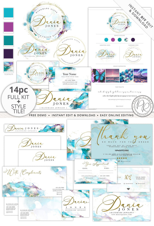 Editable 14pc Full Branding Plus Brand Board Marble Watercolor Logo Kit | DIY Instant Template  | Premade Business Startup logo DJ-001