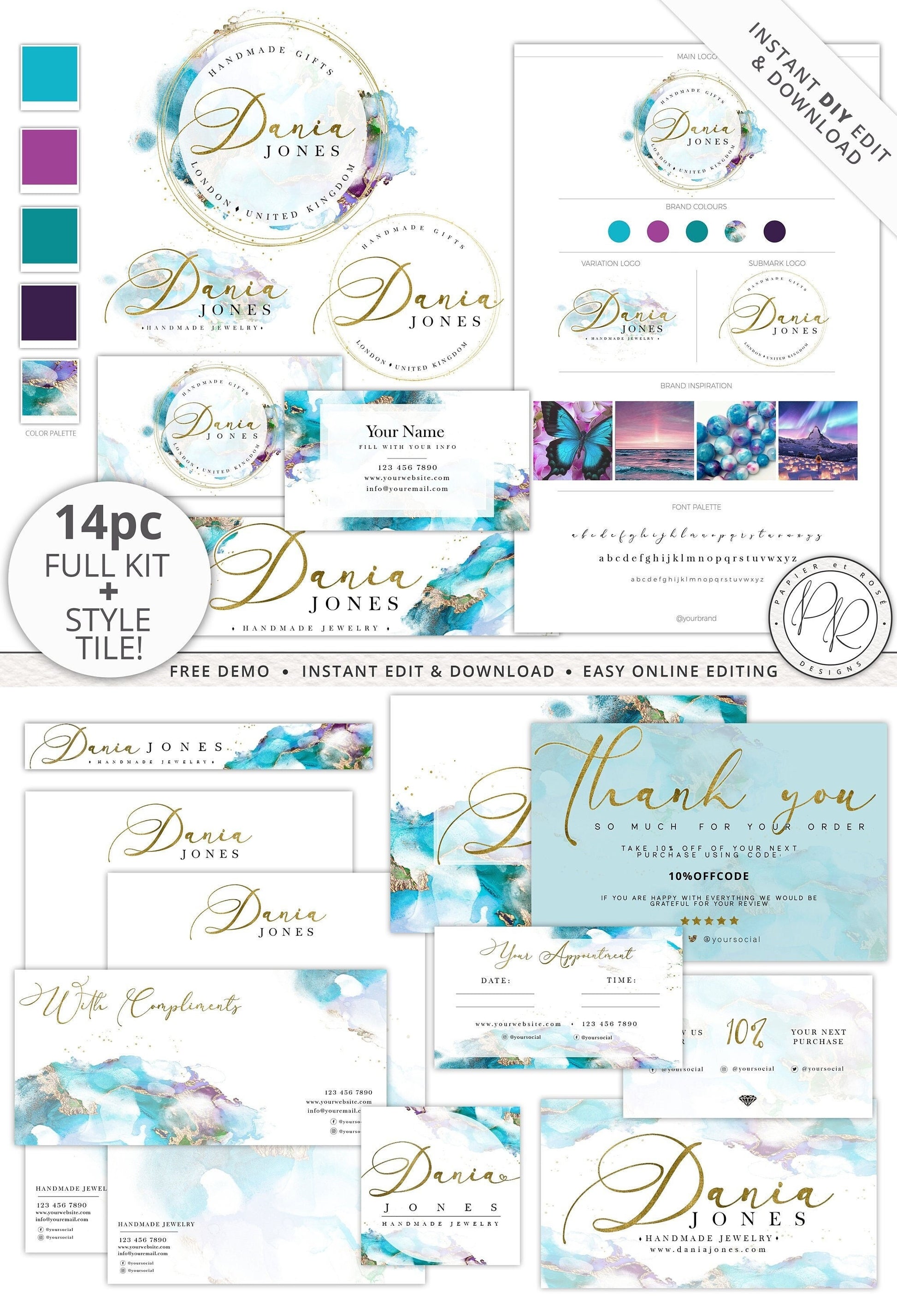 Editable 14pc Full Branding Plus Brand Board Marble Watercolor Logo Kit | DIY Instant Template  | Premade Business Startup logo DJ-001