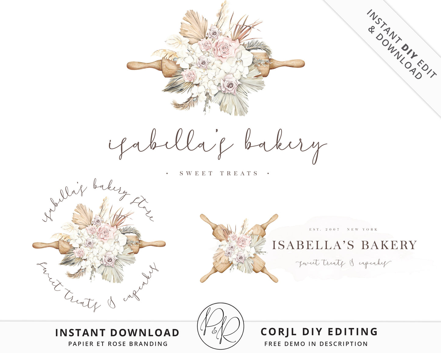 Editable Premade Logo Suite 3x Boho Florals Bakery Logo Kit Branding Kit Package | Instant Edit DIY Cake Maker Boho Editable Template IB-001