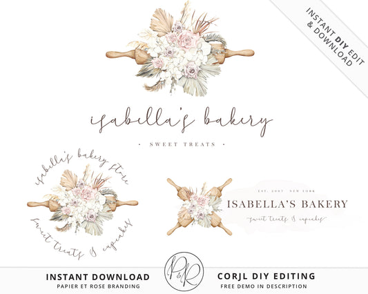 Editable Premade Logo Suite 3x Boho Florals Bakery Logo Kit Branding Kit Package | Instant Edit DIY Cake Maker Boho Editable Template IB-001