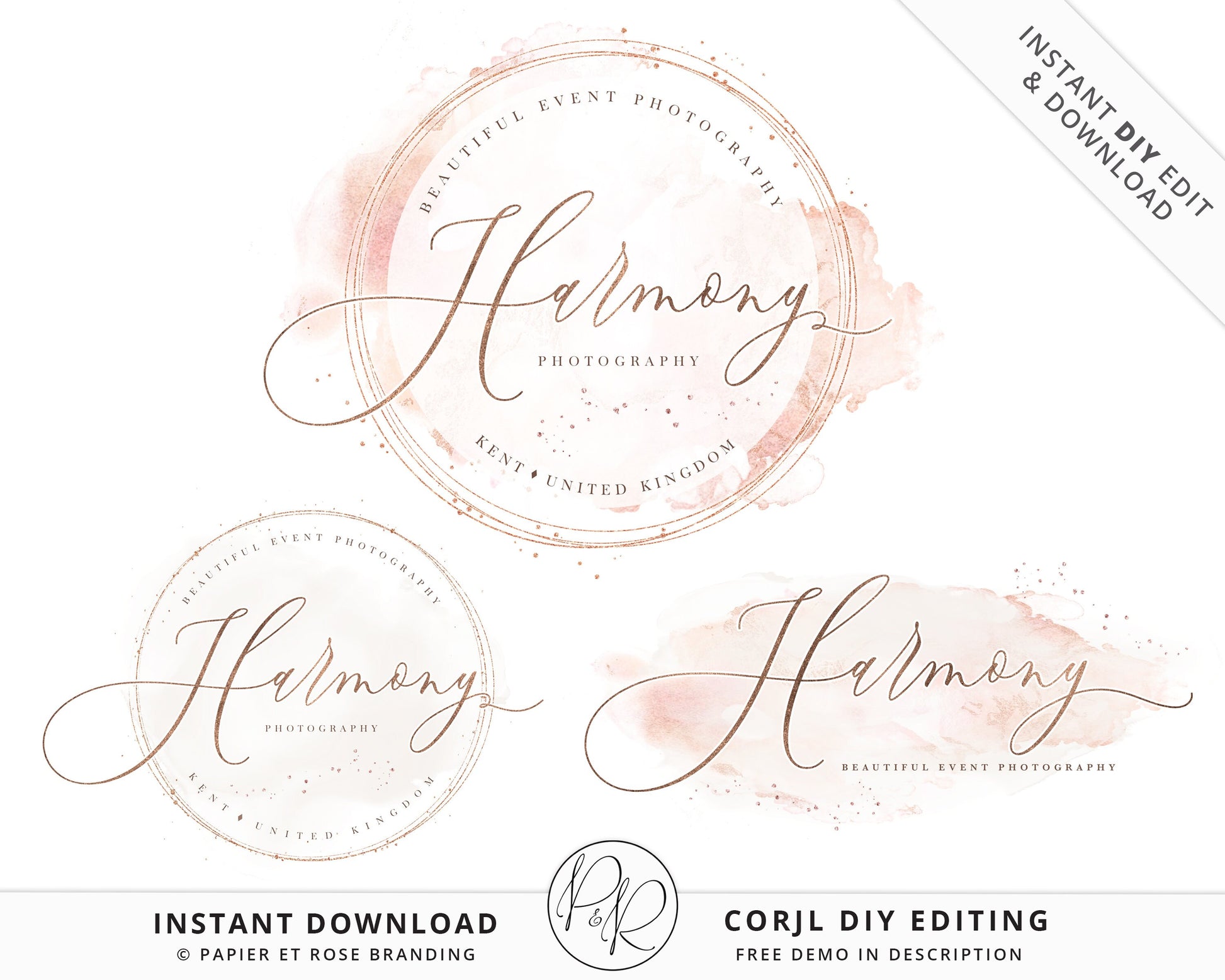 Editable Logo Suite 3 x Blush Pink Marble Watercolor & Rose Gold Logos Branding Editable Template | Instant Edit Online | DIY Logo HP-001