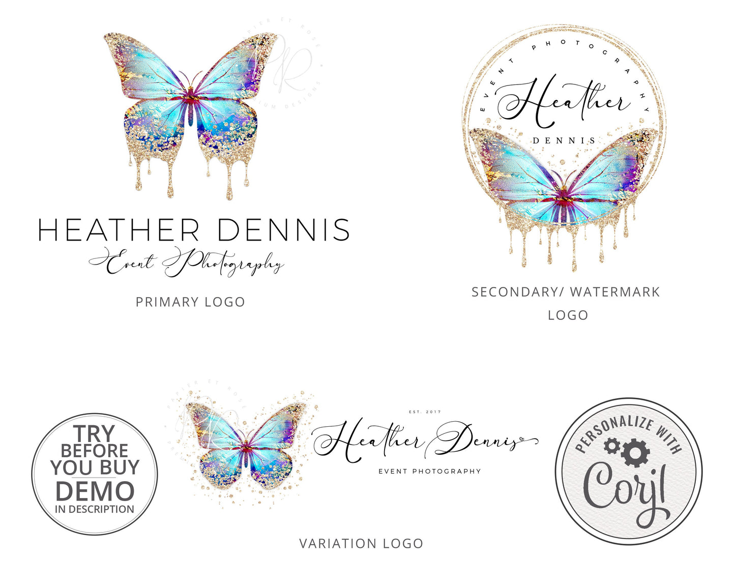 8pc Butterfly Branding Maxi Kit Marble Gold Foil Instant Download Logo Design  | DIY Editable Template | Premade logo | Brand Kit HD-001