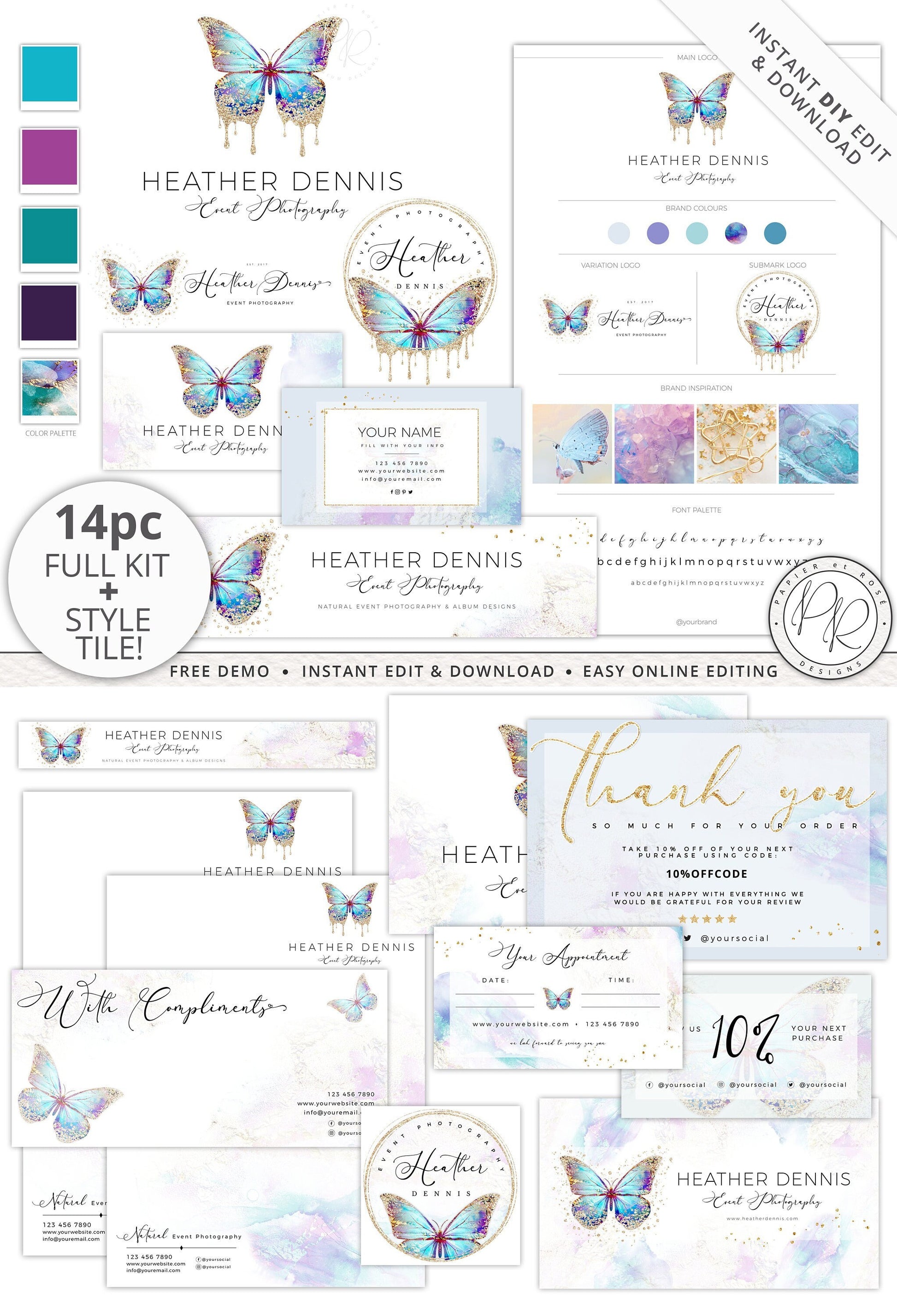 Editable 14pc Full Branding Kit + Brand Board Spiritual Butterfly Logo | DIY Instant Template  | Editable Premade Business Branding HD-001