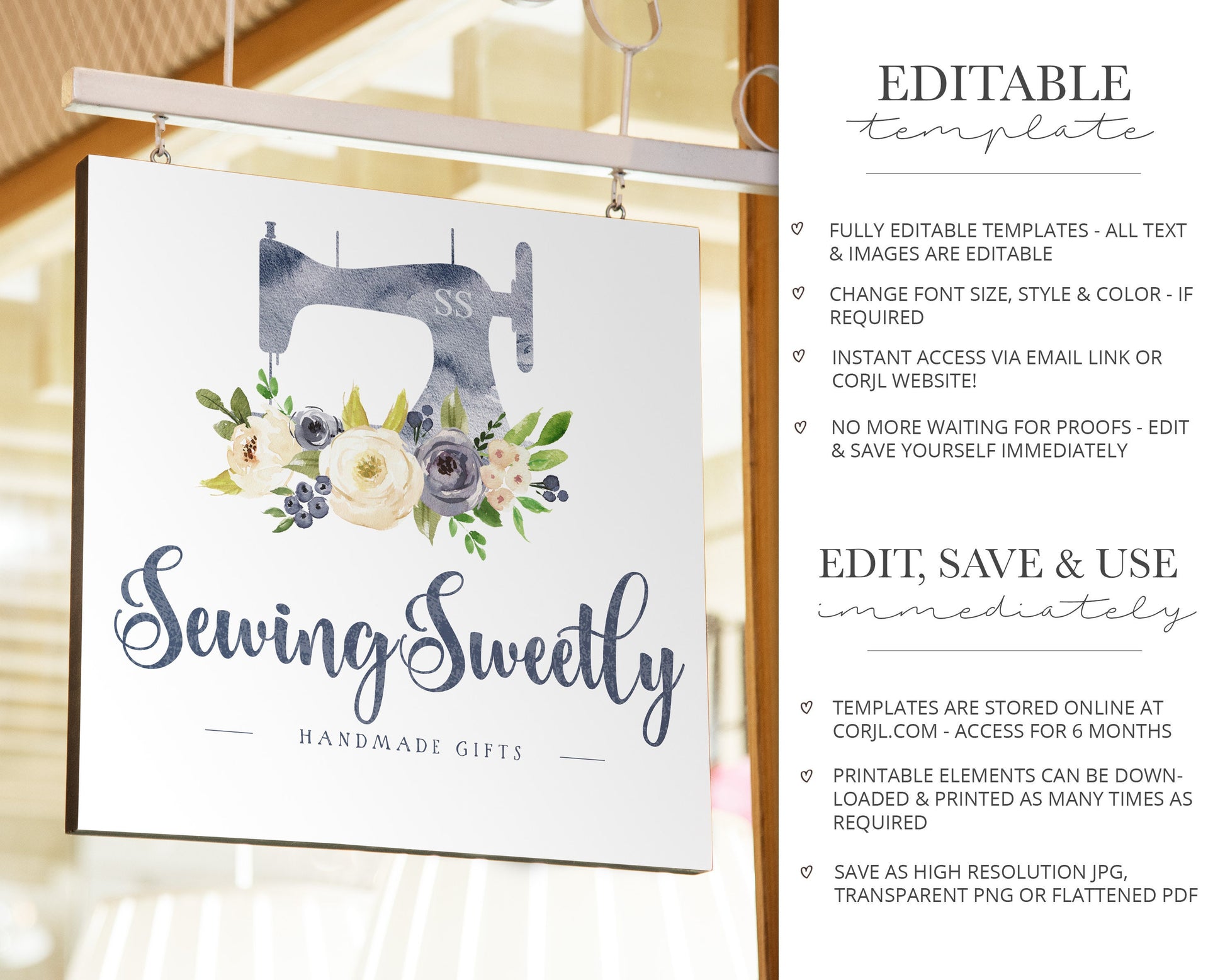 Editable Watercolor Floral & Sewing Machine Gifts DIY Logo Design Instant Download | DIY Editable Template |  Pre Made Logo - PR0165