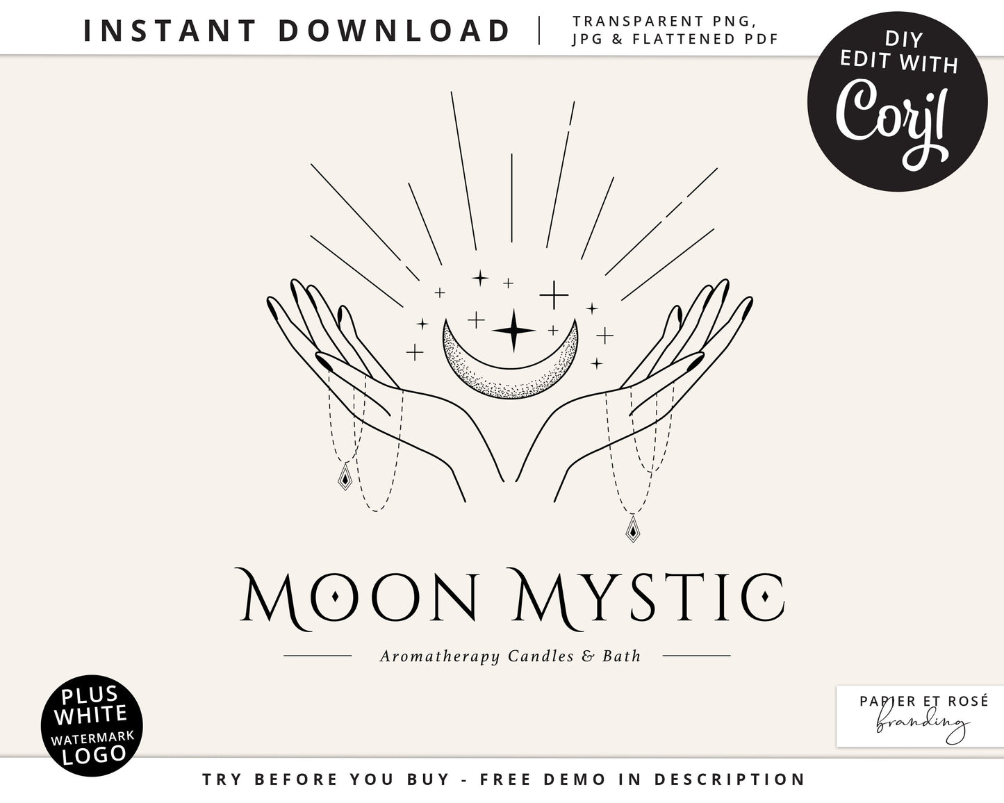 Editable Spiritual Logo Template, Premade DIY Logo, Minimalist Esoteric Mystical Logo PLUS White Watermark Design, Ready-Made Logo - SPI-001