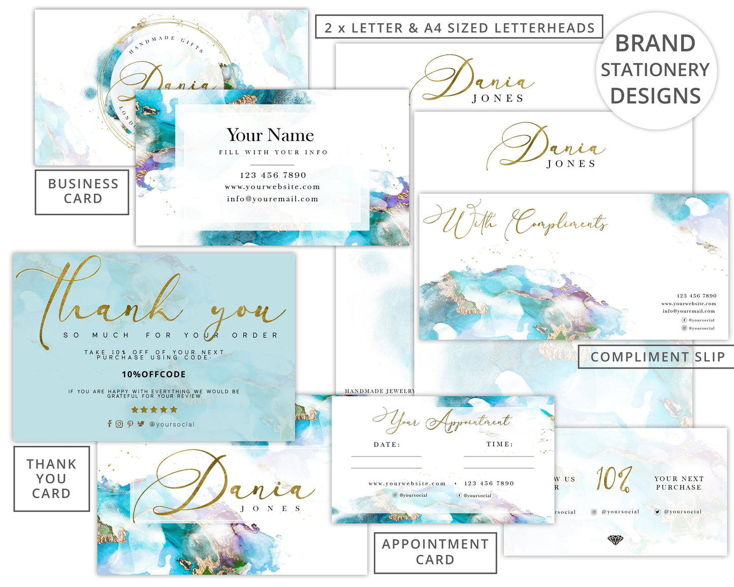 Editable 14pc Full Branding Plus Brand Board Marble Watercolor Logo Kit | DIY Instant Template  | Premade Business Startup logo DJ-001