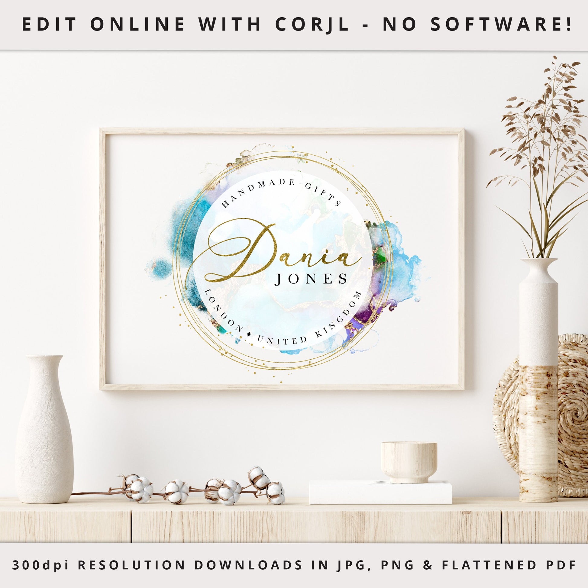 DIY Editable Round Marble Watercolor & Gold Foil Logo Design Instant Download | DIY Logo Template |  Premade Logo DJ-001