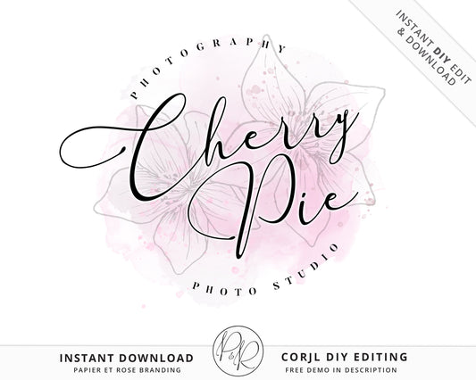 Editable Round Feminine Business Logo Watercolor Ink Splash Floral Circular Logo Instant Download | DIY Logo Template |  Premade Logo PR0546
