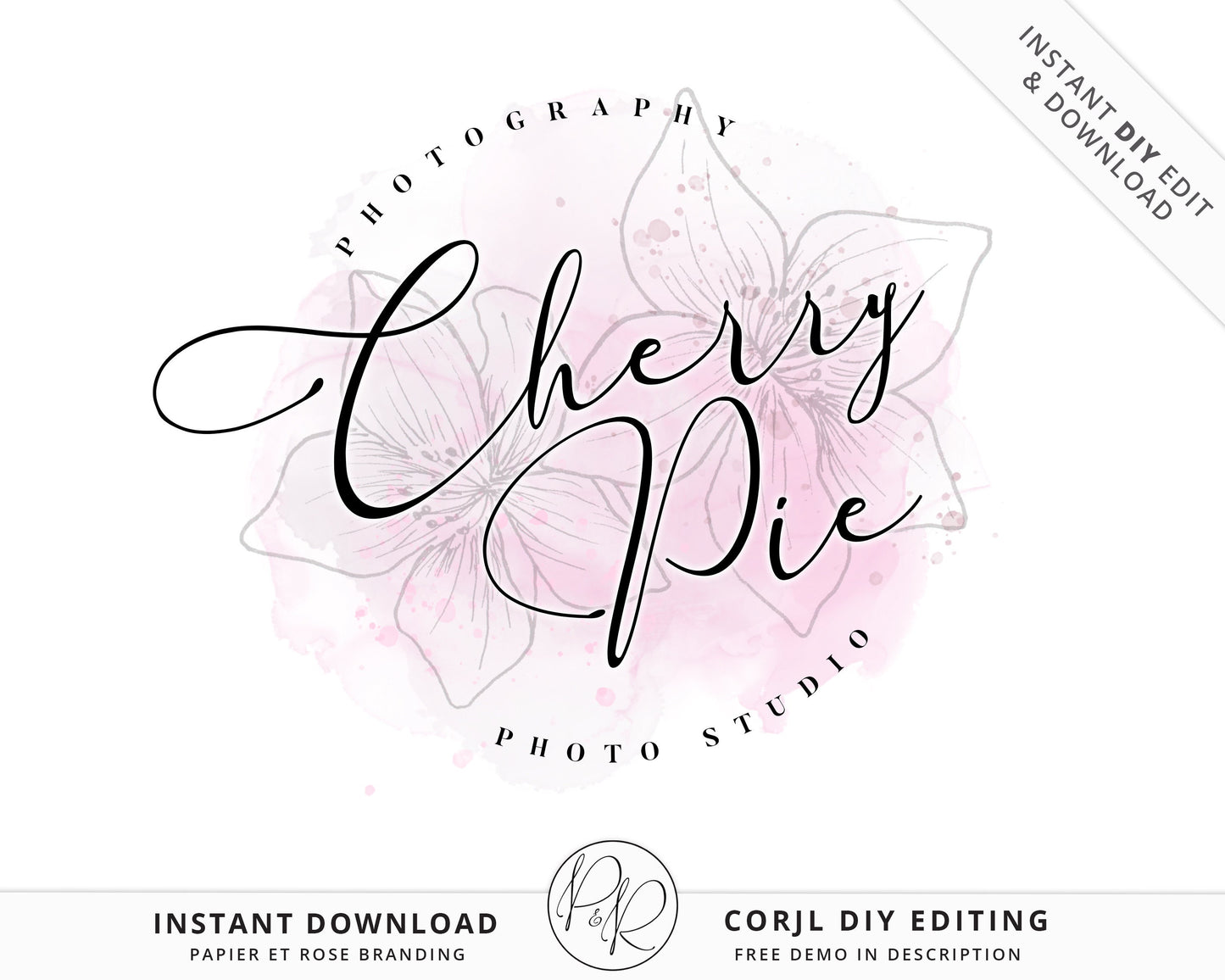 Editable Round Feminine Business Logo Watercolor Ink Splash Floral Circular Logo Instant Download | DIY Logo Template |  Premade Logo PR0546